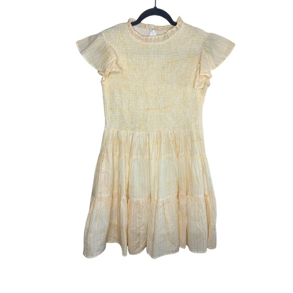 Sur La Vague SLV Yellow Chevron Smocked Ruffle Tiered Cotton Mini Dress One Size